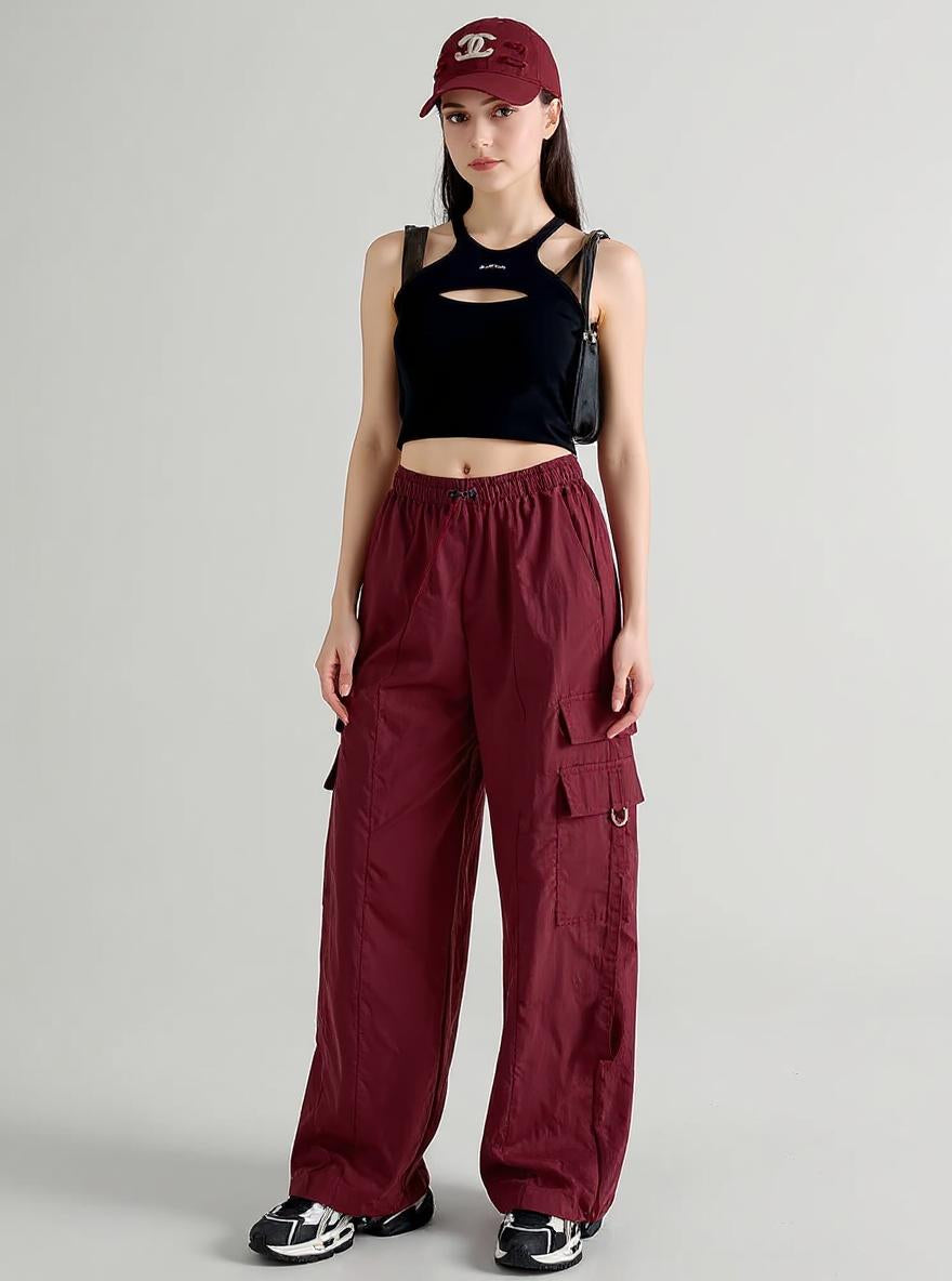 Wine Straight Fit Drawstring Parachute Cargo Pants