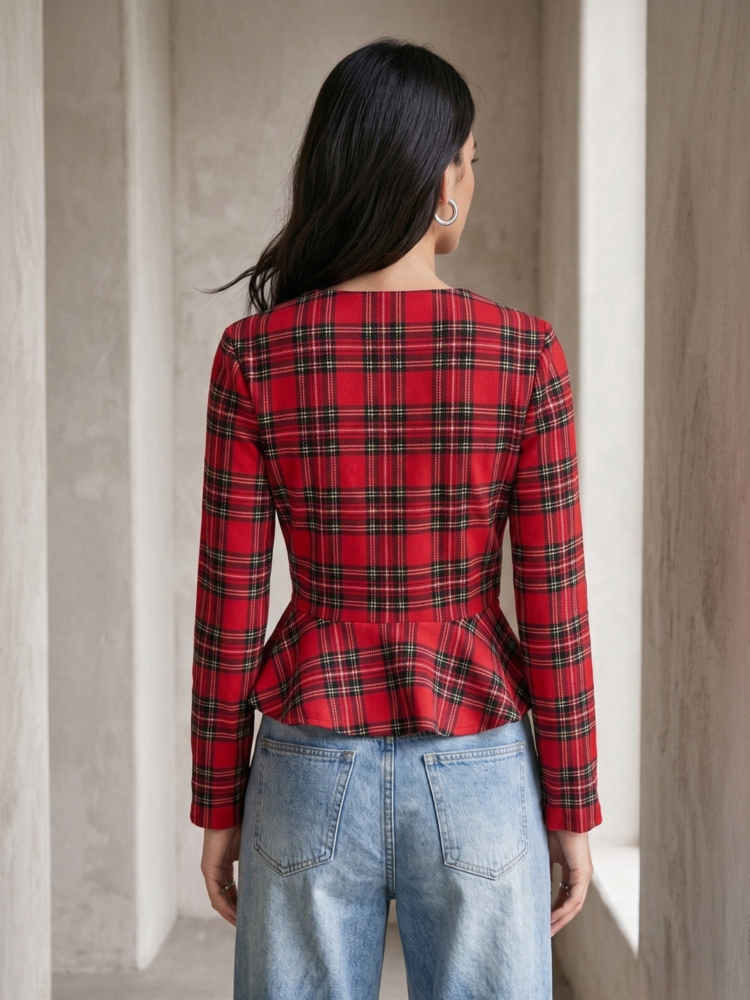 Red Checkered Square Neck Full Sleeve Blouse