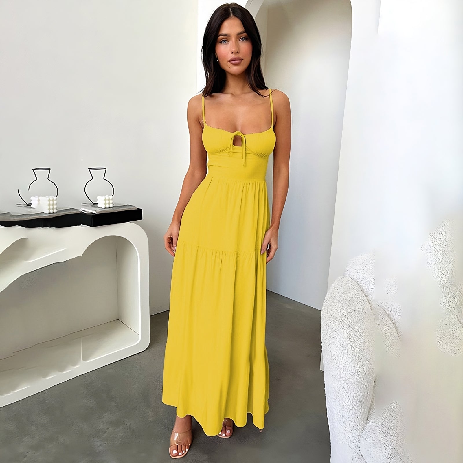 Yellow Bust Gathering Back Tie Up Flared Dress